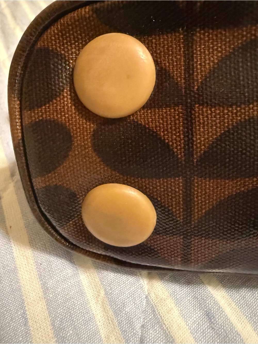 Orla Kiely Brown and Orange Leaf-Print coated Canvas Tote with Striped Handles - Picture 5 of 12
